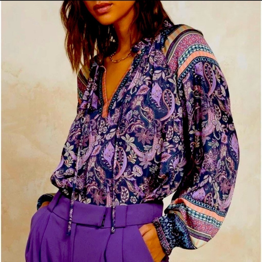 CURRENT AIR satin printed tunic boho long sleeve blouse anthropologie spring